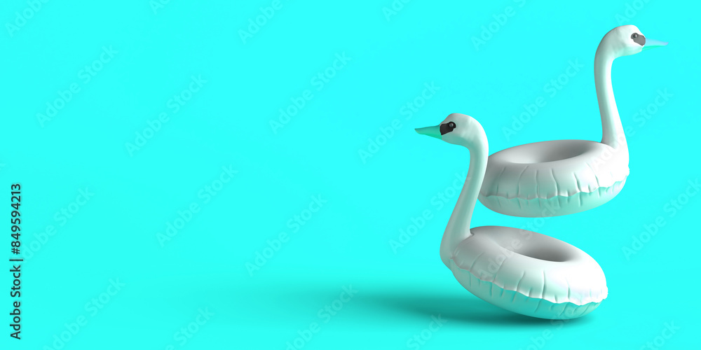 Fototapeta premium Swan float. Inflatable beach or pool toy. Copy space. 3D illustration.