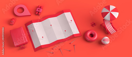 Summer vacation search concept with map, beach chair and suitcase. Copy space. 3D illustration.