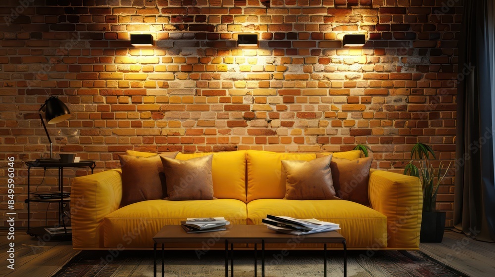 Fototapeta premium modern interior design with a yellow sofa against a brick wall