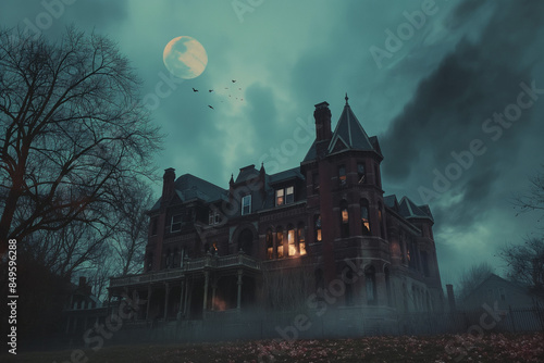 A haunted mansion under a full moon, surrounded by fog and dark clouds, creating a spooky and eerie scene filled with mystery and suspense