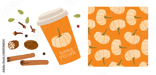 Pumpkin spice latte in takeaway cup with spice for drink and seamless pattern for packaging. Fall seasonal drink. Autumn Illustration with coffee to go mug for menu, farmer market, vegetarian recipe.