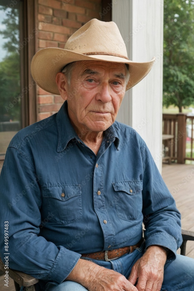 AI generated portrait of elderly man in blue shirt and cowboy hat looking directly at camera, sitting on porch with calm and serious expression AI generated portrait of elderly man in blue shirt and cowboy hat looking directly at camera, sitting on porch with calm and serious expression