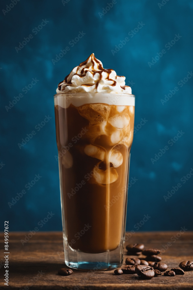 An iced summer coffee with milk, whipped cream, caramel and straw in a tall glass on an empty wooden table with a blue wall background. Backdrop for bar, cafe banners or posters with copy space. An iced summer coffee with milk, whipped cream, caramel and straw in a tall glass on an empty wooden table with a blue wall background. Backdrop for bar, cafe banners or posters with copy space.