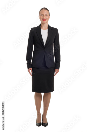 full body picture of happy young business woman standing on white background