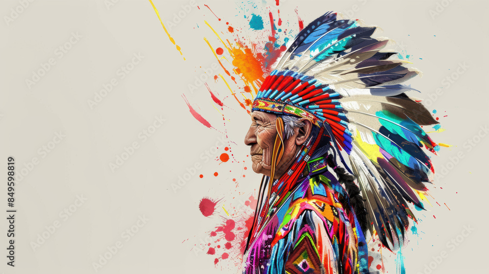 Obraz premium Indigenous elder adorned in a vibrant traditional headdress. Concept for Native American Day, Native American Heritage Month and International Day of the World's Indigenous Peoples.