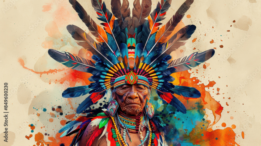 Indigenous elder adorned in a vibrant traditional headdress. Concept ...