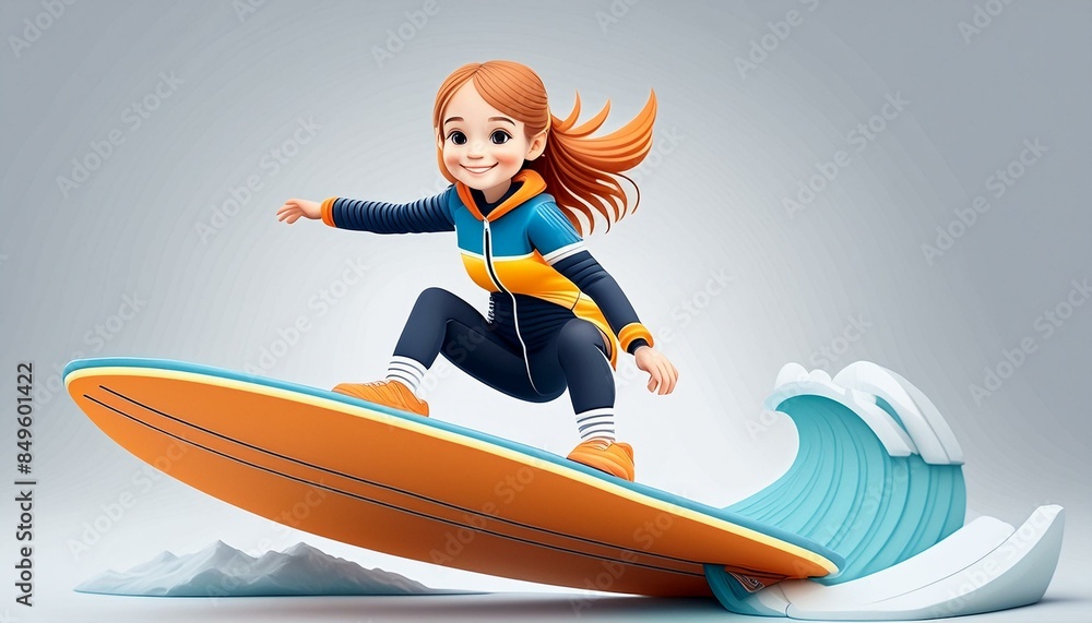 An illustration of a beautiful confident woman surfing on the ocean with copy space An illustration of a beautiful confident woman surfing on the ocean with copy space