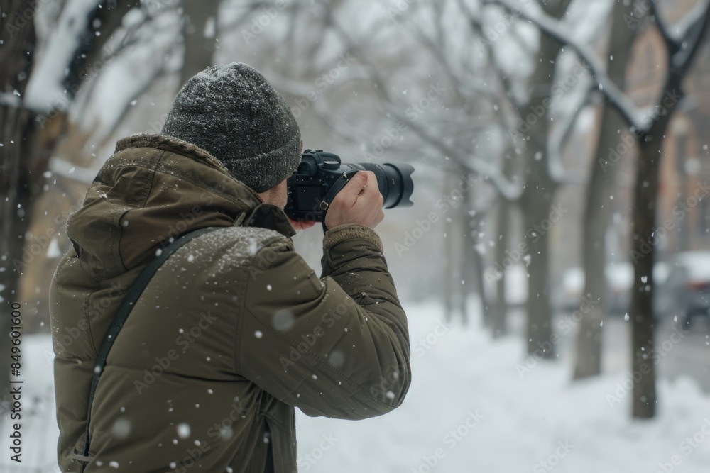Man with a camera taking photos in a snowy outdoor setting during winter. Snowfall and trees create a picturesque backdrop. Man with a camera taking photos in a snowy outdoor setting during winter. Snowfall and trees create a picturesque backdrop.