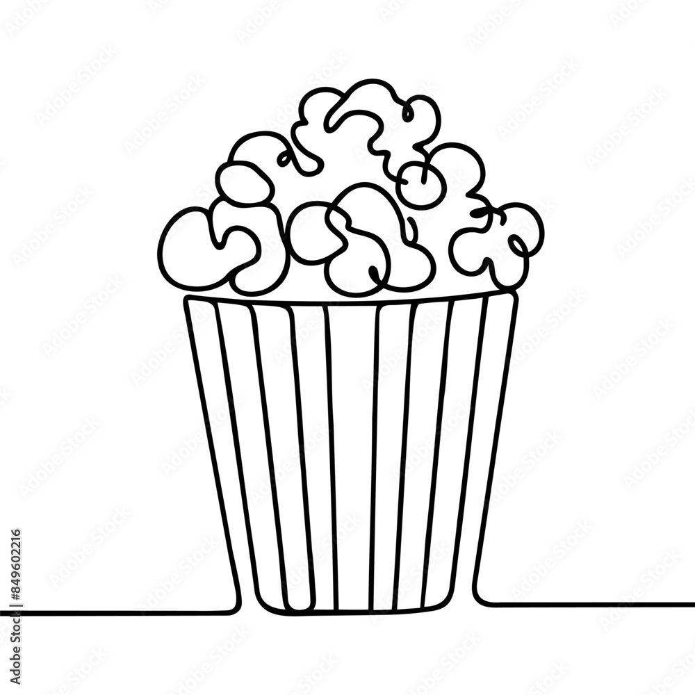 Popcorn in a cup continuous one line drawing. Vector illustration Popcorn in a cup continuous one line drawing Popcorn in a cup continuous one line drawing. Vector illustration Popcorn in a cup continuous one line drawing