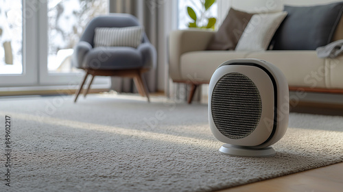 Modern electric fan heater on carpet in living room