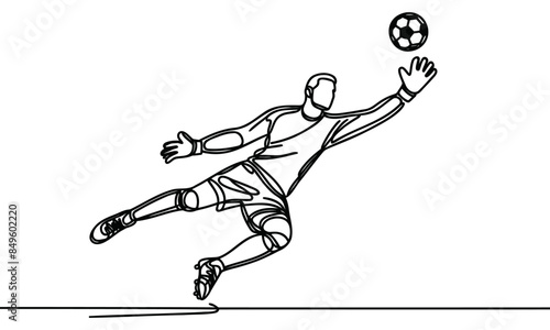 Single continuous line drawing of Male soccer player goalkeeper catching ball in jump. one line draw design graphic vector illustration.
