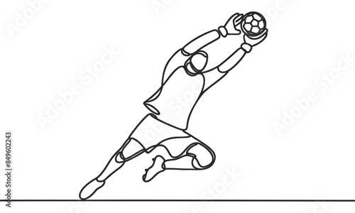 Single continuous line drawing of Male soccer player goalkeeper catching ball in jump. one line draw design graphic vector illustration.
