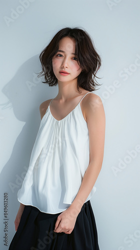 ワンピースを着たショートカットの女性