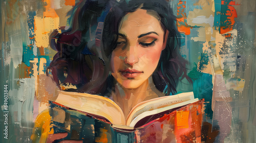 Young woman reading book, canvas paint style © ihalilyp
