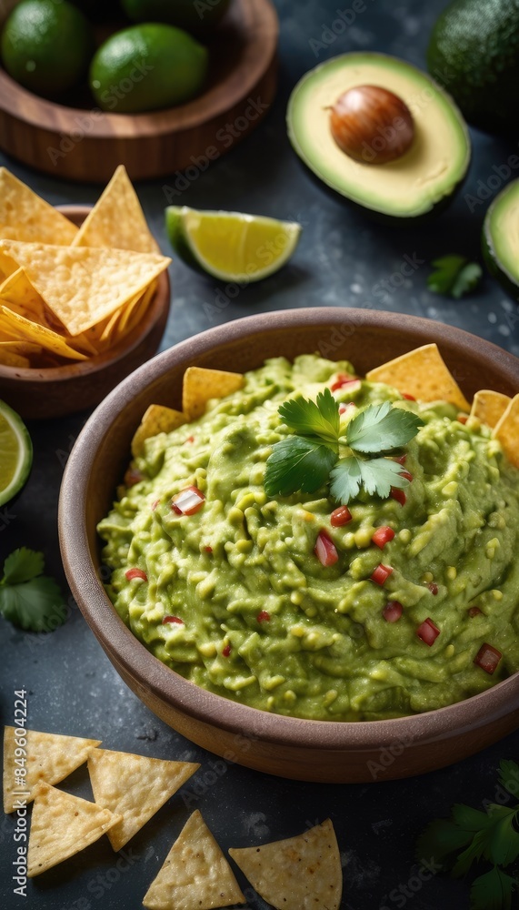Delicious guacamole garnished with tomatoes and cilantro in a white bowl, accompanied by crispy tortilla chips and a lime, making for a tasty and appetizing dip Delicious guacamole garnished with tomatoes and cilantro in a white bowl, accompanied by crispy tortilla chips and a lime, making for a tasty and appetizing dip