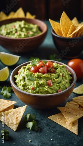 A bowl of fresh guacamole topped with diced tomatoes and cilantro, served with tortilla chips and lime wedges, offering a vibrant and delicious snack perfect for any occasion