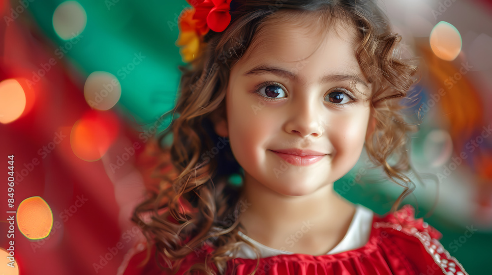 Portrait happy Mexican child girl on background Mexico flag. Unity and Independence Day concept Portrait happy Mexican child girl on background Mexico flag. Unity and Independence Day concept
