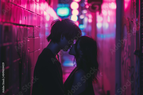 A couple shares a tender moment in a neon-lit alley, their silhouettes illuminated by vibrant lights, creating an intimate and romantic urban scene