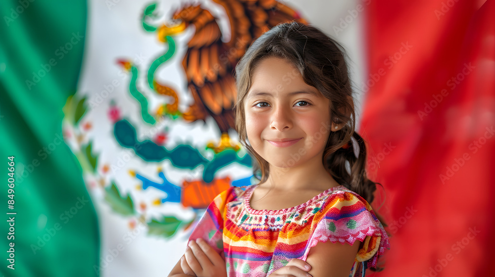 Portrait happy Mexican child girl on background Mexico flag. Unity and Independence Day concept Portrait happy Mexican child girl on background Mexico flag. Unity and Independence Day concept