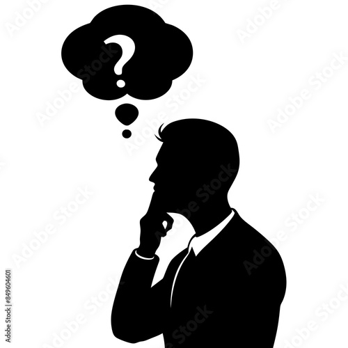 a man in a thinking pose looking up, while creatively envisioning a question mark symbol in his thinking mode photo