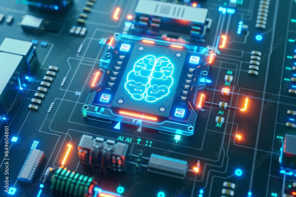 High tech AI microchip on a circuit board, representing advanced artificial intelligence, data processing, and smart computing in modern digital environments. High tech AI microchip on a circuit board, representing advanced artificial intelligence, data processing, and smart computing in modern digital environments.