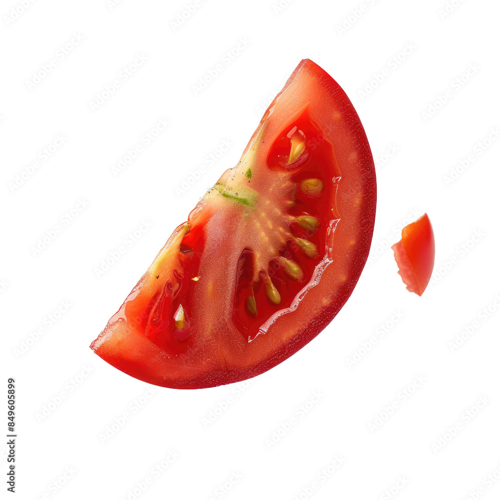 Falling tomato slice on white background cutout Falling tomato slice on white background cutout