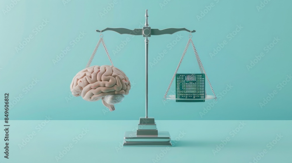 Fairness in AI ethics depicted by a scale balancing human brain and AI ...