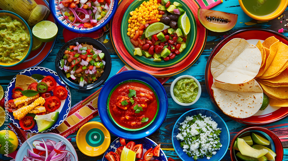 Mexican fiesta table with spread of tacos, guacamole, and salsa Mexican fiesta table with spread of tacos, guacamole, and salsa