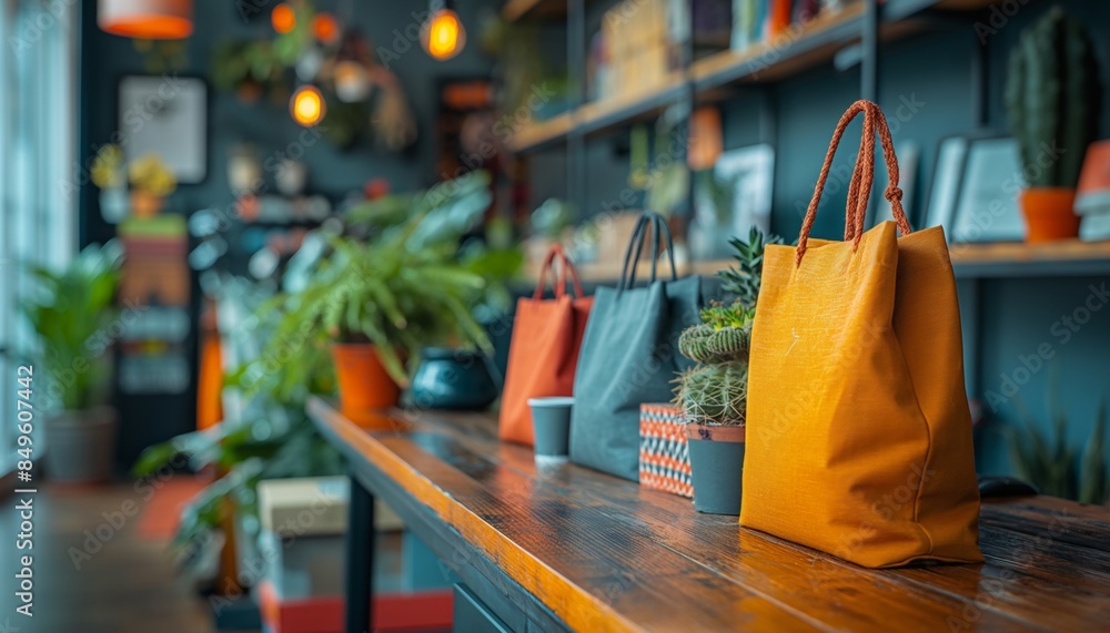 Bright shopping bags are displayed on a shelf in a stylish room with modern decor and houseplants Bright shopping bags are displayed on a shelf in a stylish room with modern decor and houseplants