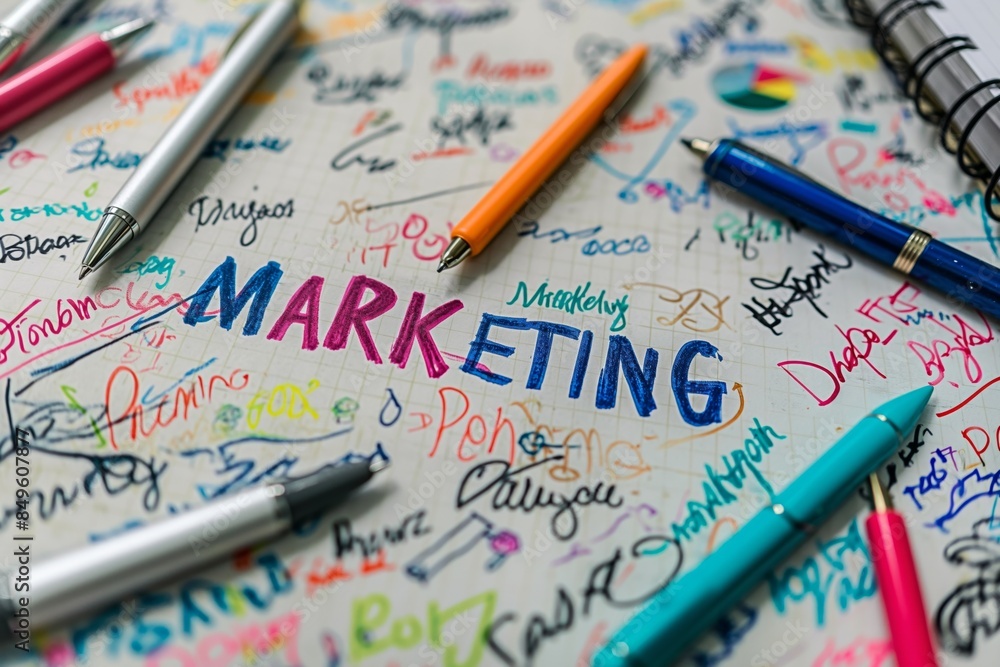 Close-up of paper with the word MARKETING and doodles, showcasing brainstorming and planning Close-up of paper with the word MARKETING and doodles, showcasing brainstorming and planning