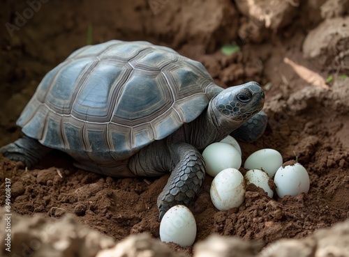 Turtle Laying Eggs with Natural Lighting, Tortoise Resting Near Pile of Eggs on Ground photo