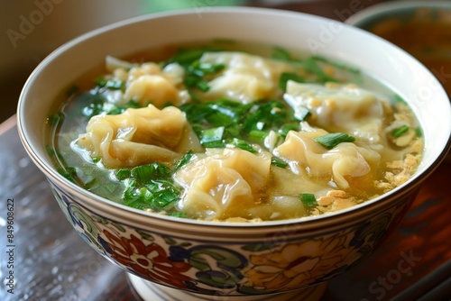 Traditional Asian Wonton Soup with Dumplings in Clear Broth, Authentic Chinese Cuisine Dish