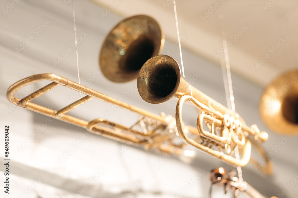 Obraz premium A trumpet hanging from wires in the ceiling found in Norwegian museum.