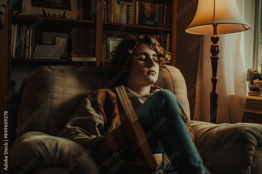 A young person sits in a comfortable chair, holding a book but gazing off into the distance, lost in thought. The room is softly lit, creating a cozy atmosphere. Generative AI A young person sits in a comfortable chair, holding a book but gazing off into the distance, lost in thought. The room is softly lit, creating a cozy atmosphere. Generative AI