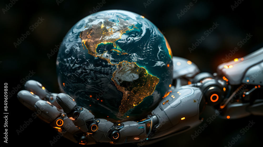 Fototapeta premium A robot is holding a globe in its hand. The robot is made of metal and has a robotic arm. The globe is made of plastic and is a bright blue color. The scene is futuristic