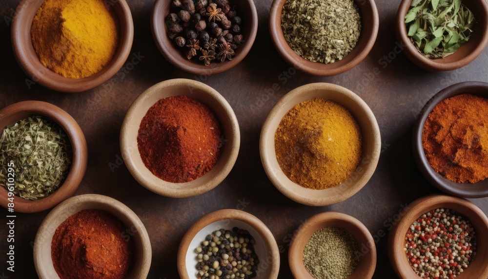 A collection of spices in wooden bowls, featuring bright and earthy tones, arranged on a dark background, showcasing the essential ingredients of flavorful cooking A collection of spices in wooden bowls, featuring bright and earthy tones, arranged on a dark background, showcasing the essential ingredients of flavorful cooking