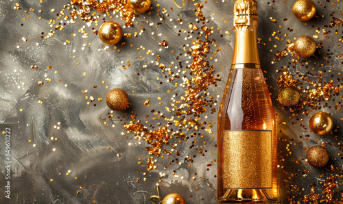 Champagne Bottle with Gold Glitter and Confetti on Beige Background - Flat Lay Celebration, Party, Festive Theme, New Year's Eve, Glamorous Event Decor photo