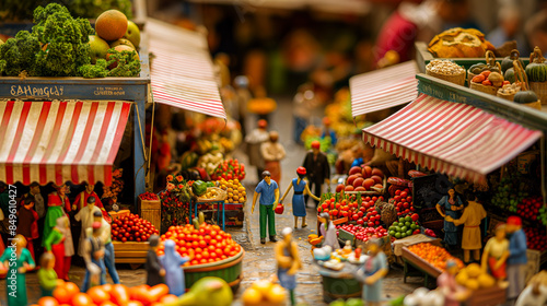 A group of diminutive figurines arranged in an outdoor market scene complete with stalls and fruit stands. photo