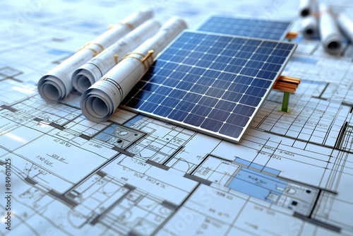 A close-up of solar energy panels over architectural blueprints, highlighting alternative energy concepts