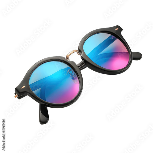 Pair of stylish sunglasses with reflective lenses on solid white background, single object
 photo