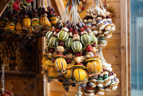 Strong winter fragrance. Combination of shapes and fragrances on street market in Europe. Bundle of dried natural flavors. New Year and Christmas fair. Original souvenir from Budapest, Hungary
