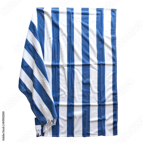 Blue beach towel with white stripes on solid white background, single object
 photo