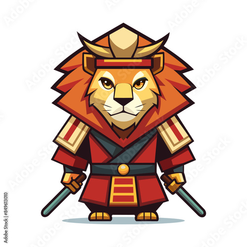 Lion samurai, cartoon illustration of an anthropomorphic lion on a white background. Vector illustration