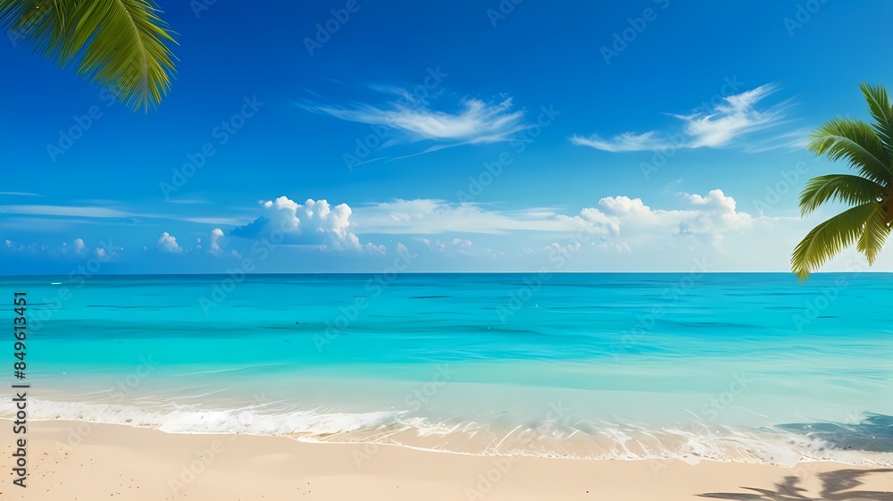 Fototapeta premium background of sea and beach landscape with palm trees and a small boat