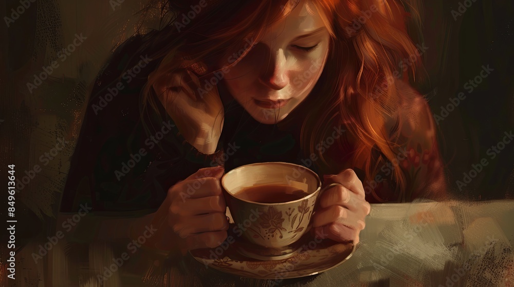 A woman with long, red hair sits at a table, hands clasped around a cup of tea. Her gaze fixed on the liquid, bathed in soft golden light. Generative AI A woman with long, red hair sits at a table, hands clasped around a cup of tea. Her gaze fixed on the liquid, bathed in soft golden light. Generative AI