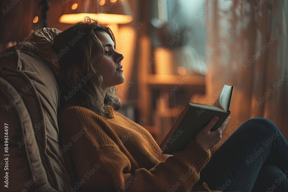 A woman holding a book sits in a chair, gazing out the window lost in thought. Soft lighting creates a cozy atmosphere, emphasizing her detachment. Generative AI A woman holding a book sits in a chair, gazing out the window lost in thought. Soft lighting creates a cozy atmosphere, emphasizing her detachment. Generative AI