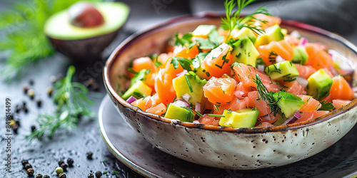 Salmon tartare: finely chopped salmon, served with avocado and dill.
