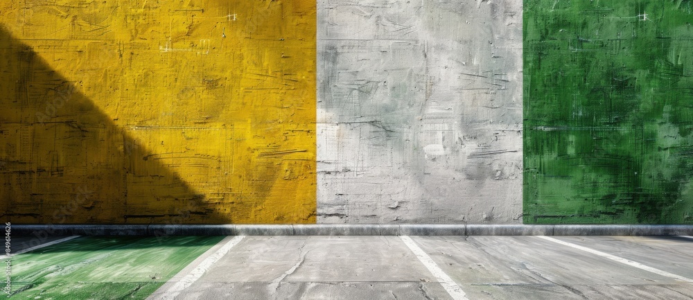 Sunlit grunge wall in empty parking lot showcases vibrant irish flag colors, symbolizing national pride and heritage in urban setting