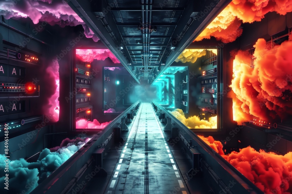 Futuristic digital landscape with AI elements, representing advanced artificial intelligence, data processing, and smart technology in a high tech environment. Futuristic digital landscape with AI elements, representing advanced artificial intelligence, data processing, and smart technology in a high tech environment.
