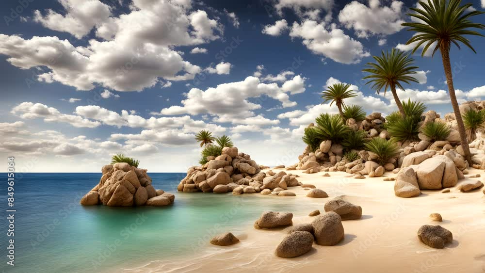 A beautiful view of the sea with palm trees, rocks, sand, and a clear sky with beautiful clouds. Seamless looping 4k time-lapse animation video background A beautiful view of the sea with palm trees, rocks, sand, and a clear sky with beautiful clouds. Seamless looping 4k time-lapse animation video background